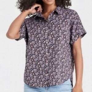 Universal Thread Navy Floral Button-Up Rolled Cuff Camp Shirt XS
